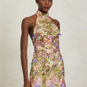 Backless Halter Floral Midi Dress in Pink & Green